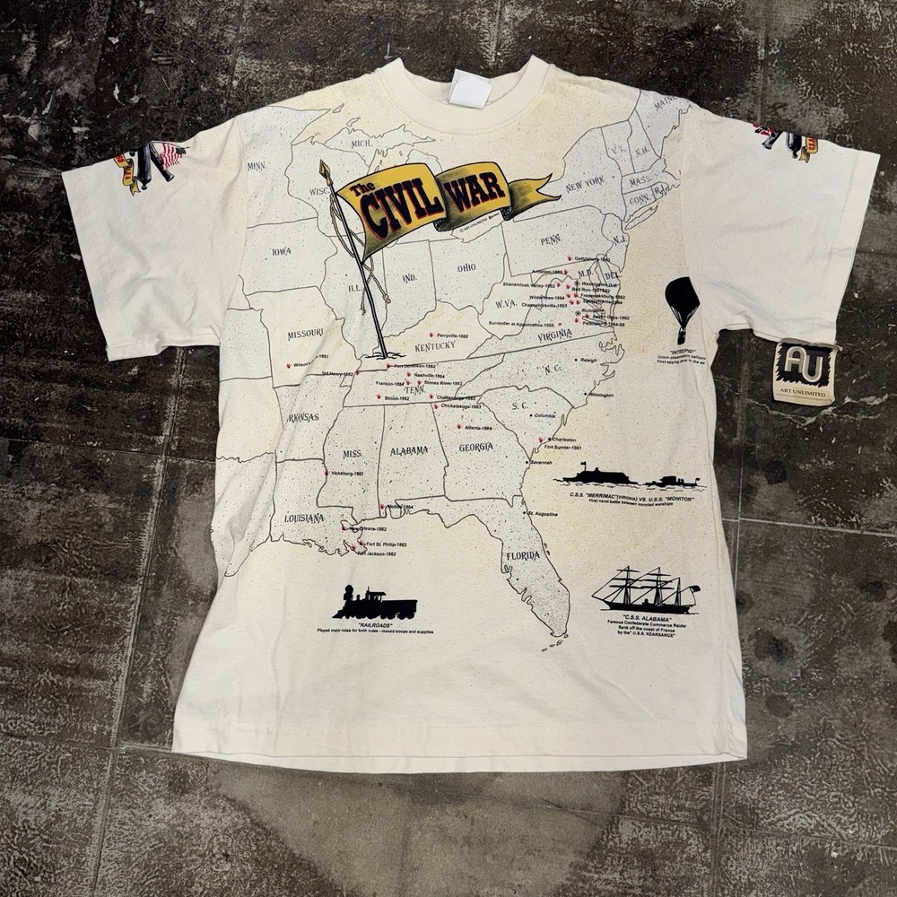 VTG Art Unlimited Civil War History Union Confederate Map T-Shirt Made In USA L